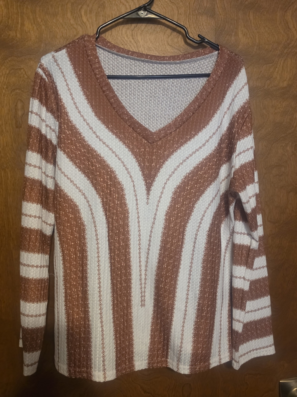 Women’s V-Neck Striped Top in White and Rust